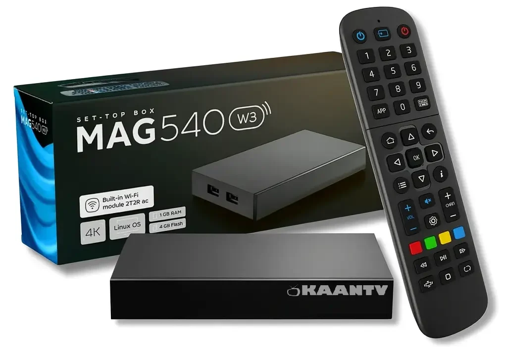 MAG 540W3 Ein KaanTV MAG 540W3 Receiver mit einer Fernbedienung und Verpackung.